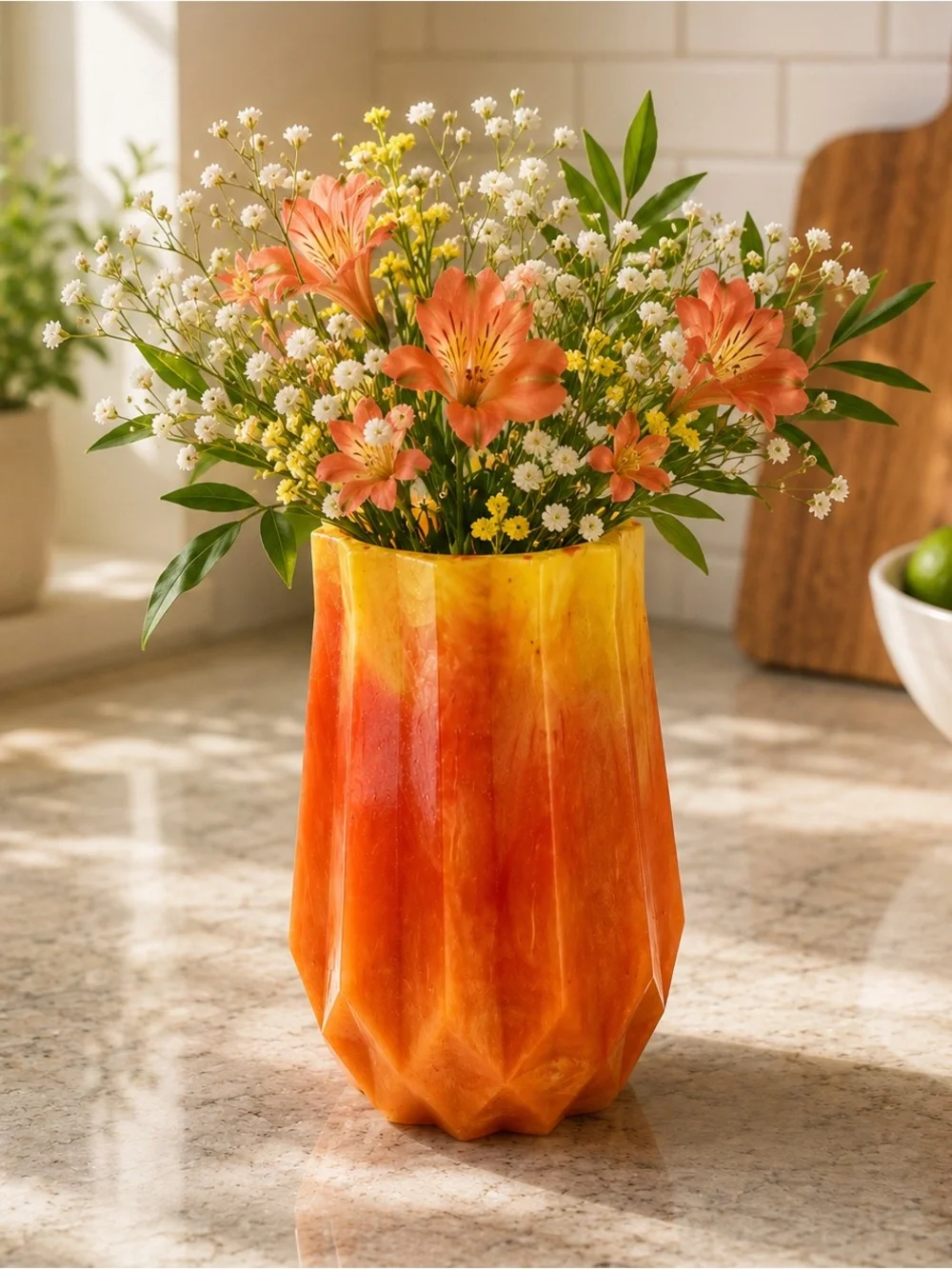 Gradient Orange & Yellow Faceted Decorative Vase